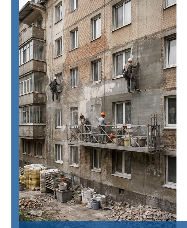 Капитальный ремонт фасада в Асбесте с восстановлением и гидроизоляцией