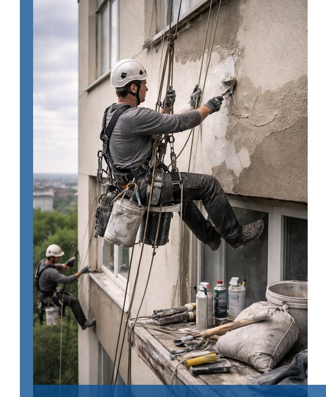 Косметический ремонт фасада зданий в Асбесте промышленными альпинистами