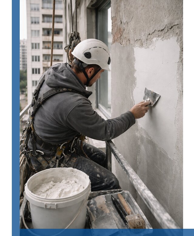 Шпаклевка фасадов на высоте с промальпинистами в Асбесте