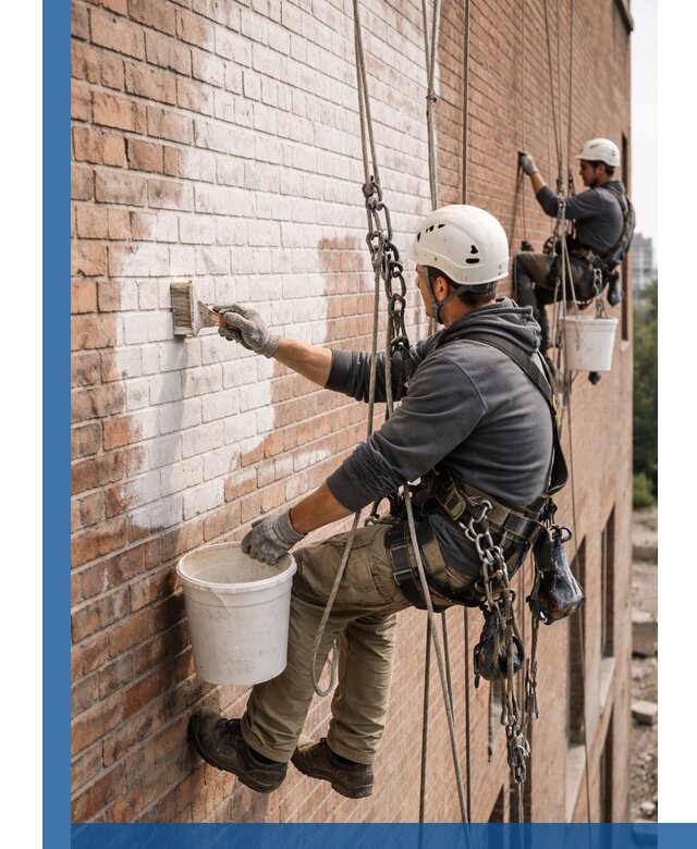 Покраска кирпичного фасада с доступным альпинистским сервисом в Асбесте