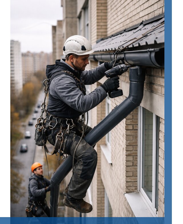 Монтаж водосточной системы на здании в Асбесте от 5054 р. | ВЫСОТНИК-Сбс