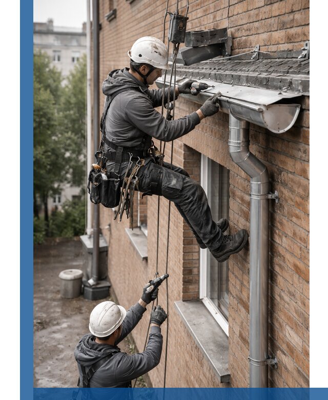 Монтаж водосточной системы на здании в Асбесте под ключ