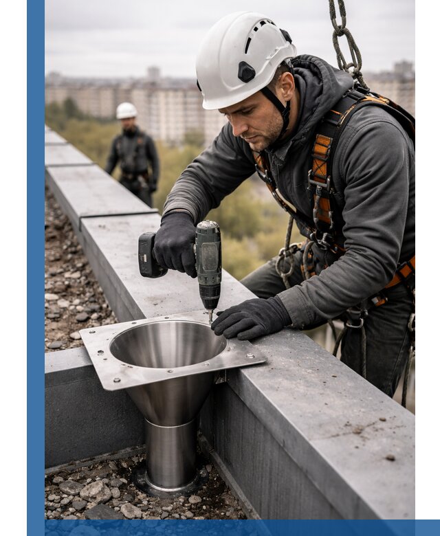 Монтаж водосточных воронок в Асбесте для промышленных зданий