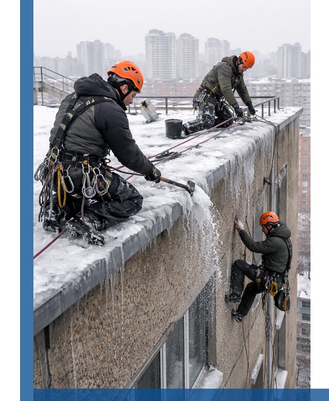 Удаление наледи с кровли в Асбесте промышленными альпинистами