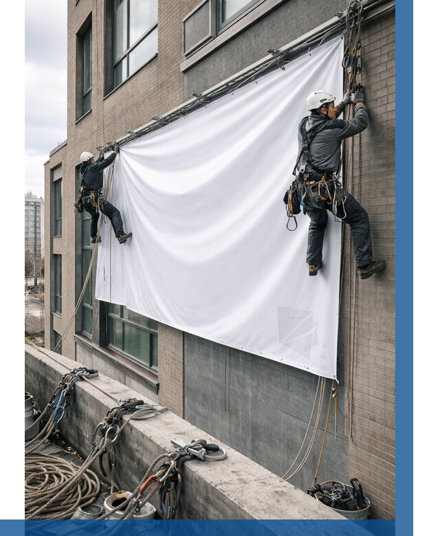 Монтаж баннеров на фасаде в Асбесте от 657 р. заказать ВЫСОТНИК-Сбс