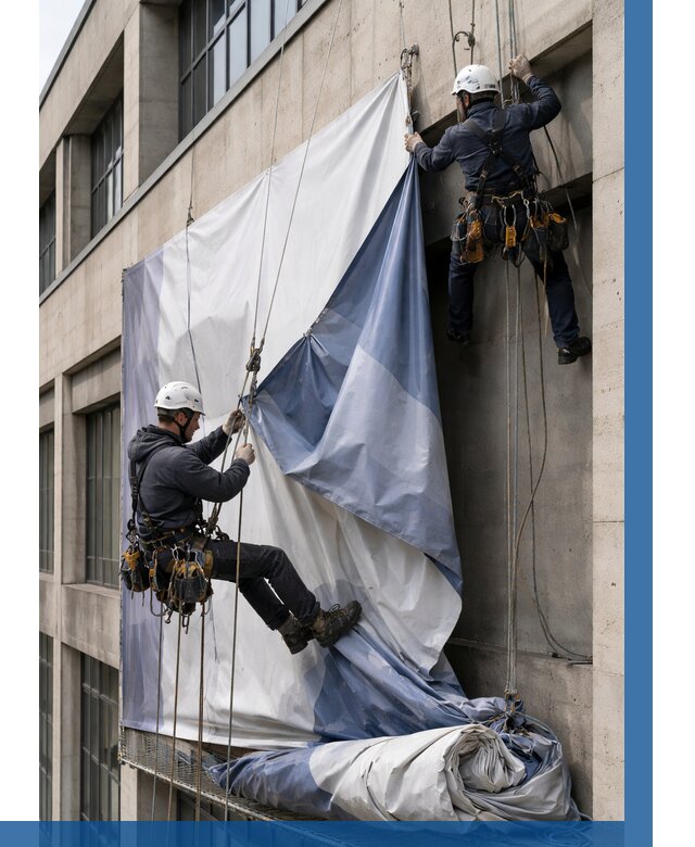 Демонтаж баннеров с фасада в Асбесте от 4548 р. | ВЫСОТНИК-Сбс