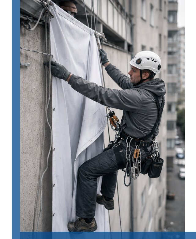 Замена баннерного полотна промышленными альпинистами в Асбесте