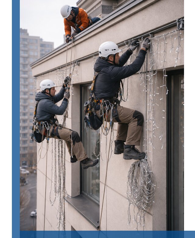 Монтаж праздничных гирлянд на фасаде в Асбесте для зданий