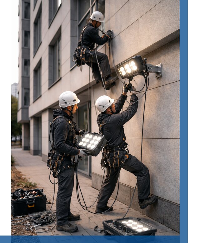 Монтаж прожекторов на фасаде в Асбесте от 7580 р. | ВЫСОТНИК-Сбс
