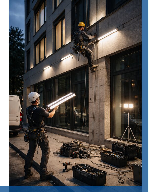 Монтаж архитектурной подсветки здания в Асбесте от 2527 р.|ВЫСОТНИК-Сбс