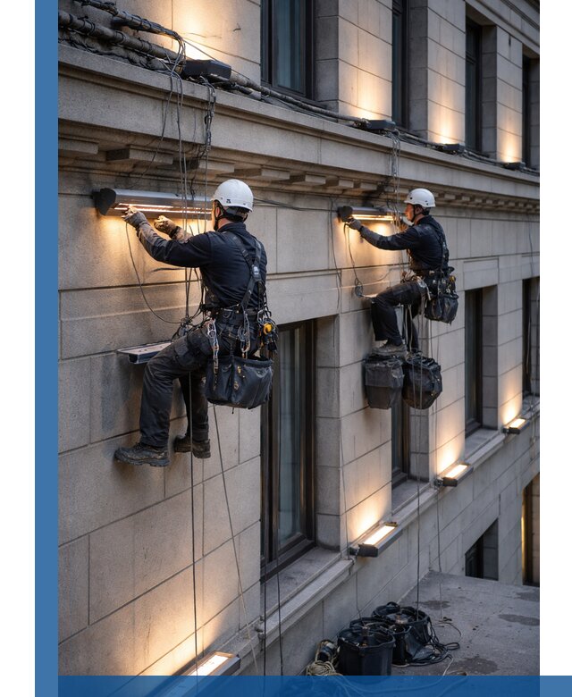 Монтаж архитектурной подсветки фасадов зданий в Асбесте