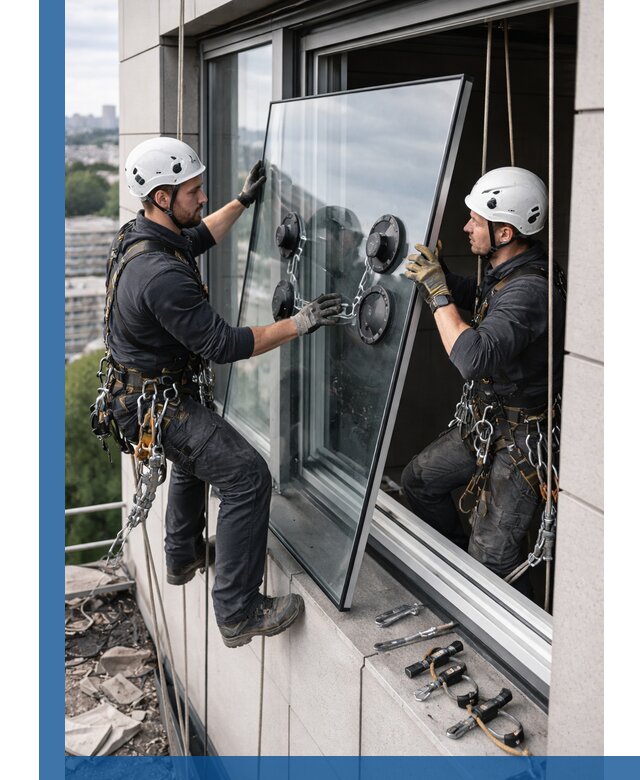 Замена стеклопакетов на высоте с промышленными альпинистами в Асбесте