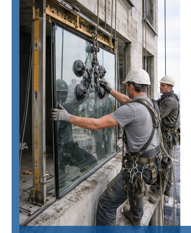 Монтаж стеклопакетов на высоте в Асбесте с промышленным альпинизмом