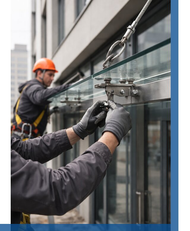 Монтаж стеклянных козырьков в Асбесте от 8591 р. | ВЫСОТНИК-Сбс