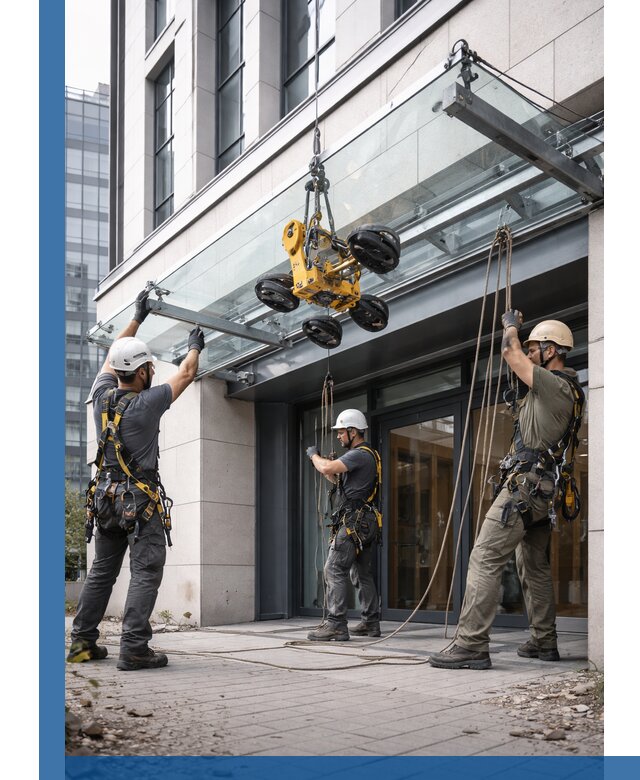 Монтаж стеклянных козырьков под ключ в Асбесте для зданий