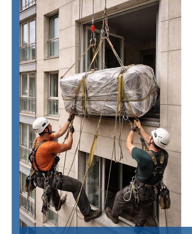 Подъем грузов через окно в Асбесте промышленными альпинистами