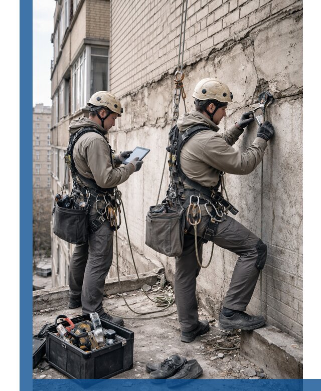 Обследование фасада промышленными альпинистами в Асбесте